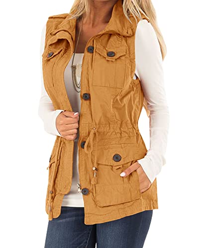 Koodred Damen Casual Military Utility Weste Leichte Ärmellose Kordelzug Jacken mit Taschen, senfgelb, Large von Koodred