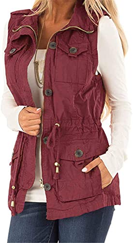 Koodred Damen Casual Military Utility Weste Leichte Ärmellose Kordelzug Jacken mit Taschen, weinrot, X-Large Koodred Damen Casual Military Utility Weste Leichte Ärmellose Kordelzug Jacken mit Taschen, weinrot, X-Large von Koodred