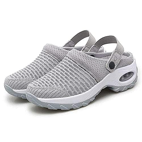 Kookmean Damen Hausschuhe, Damen Diabetiker Wanderschuhe Orthopädische Schlupfschuhe Damen Luftkissen Mesh Krankenschwester Schuhe Plateau Loafer, Z1 Grau, 36 EU von Kookmean