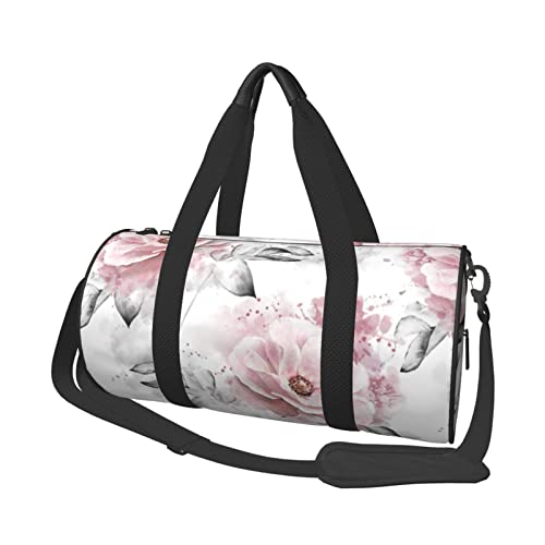 Reisetasche mit rosa Blumen und Blättern auf grauem Druck, für Männer und Frauen, Handgepäck-Reisetasche (45 x 22,9 cm) für Reisen, Sport, Turnbeutel, Schwarz, Einheitsgröße von Koolr