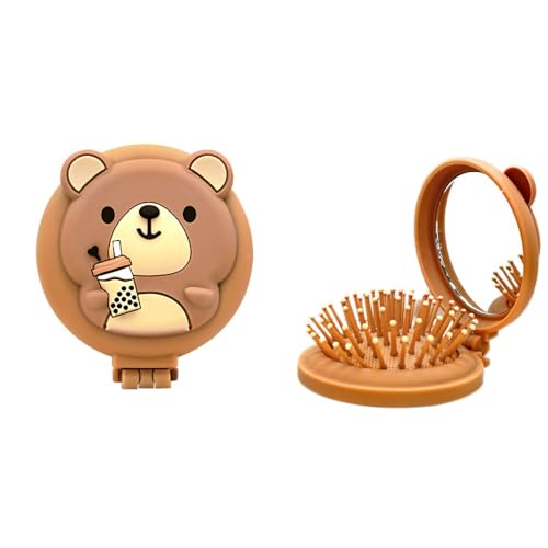 Jumuao 2 Stück Faltbare Haarbürsten mit Reise Spiegel Runde,Mini Haarbürste,Tasche Haarbürste, Kompakt Reisegröße, TragbareHaar Massage Kamm für Frauen und Mädchen (Braun) von Koomuao
