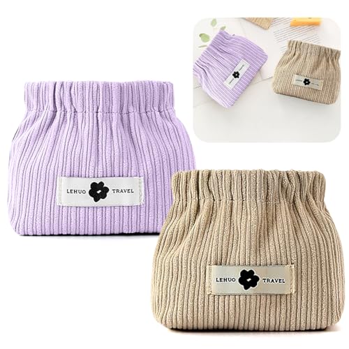 Koonafy 2pcs Corduroy Elastic Hair Krawatte Organizer Tragbares Reisen Kleiner Make-up Beutel Lippenstift Aufbewahrungsbeutel für Haarschmuck Lippenstiftmünze für Frauen(Aprikose+Lila) von Koonafy