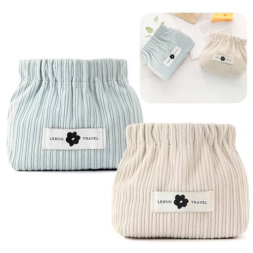 Koonafy 2pcs Corduroy Elastic Hair Krawatte Organizer Tragbares Reisen Kleiner Make-up Beutel Lippenstift Aufbewahrungsbeutel für Haarschmuck Lippenstiftmünze für Frauen(Bleu+Blanc) von Koonafy