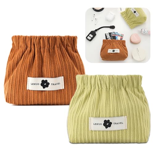 Koonafy 2pcs Corduroy Elastic Hair Krawatte Organizer Tragbares Reisen Kleiner Make-up Beutel Lippenstift Aufbewahrungsbeutel für Haarschmuck Lippenstiftmünze für Frauen (Grün+Braun) von Koonafy