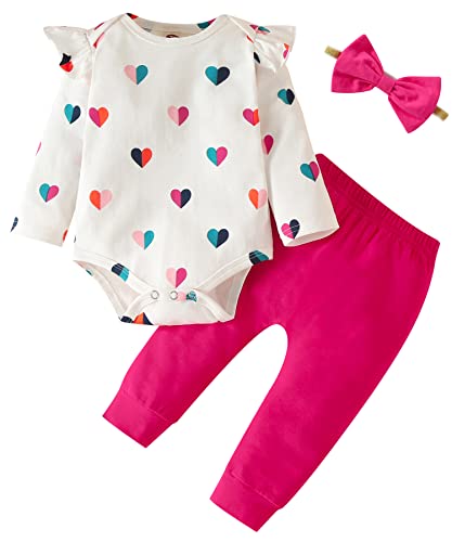 Koonde Baby Mädchen Kleidung Set 3-teilig Outfits Langarm Strampler, Hose & Stirnband Set für Säuglinge Neugeborene bis 24 Monate, Cremefarbenes Herz und Magenta, 86 von Koonde