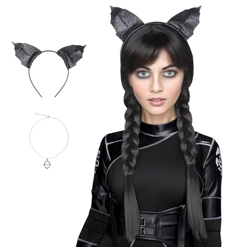Koonfan Wednesday Lange schwarze geflochtene Perücke mit Ohren, Haarband und Halskette für Erwachsene, Damen, Halloween, Cosplay, Party, Kostüm, Perücke von Koonfan