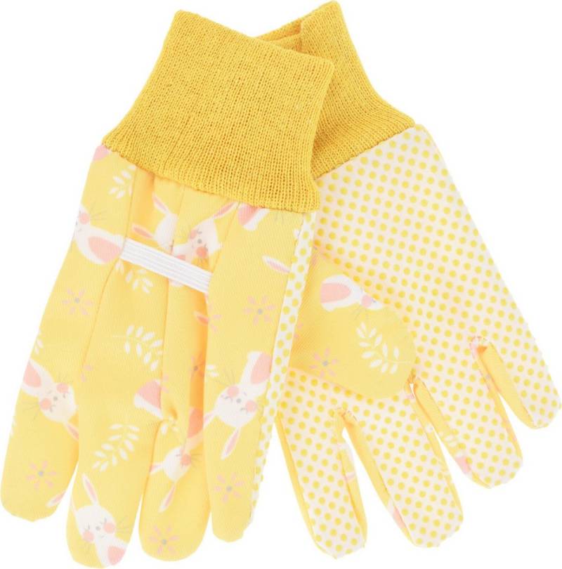 Koopman Gartenhandschuhe Kinderhandschuhe Tiermotiv Einheitsgröße Gartenarbeit Gelb (1-St) Gummiband, mit Häschen Motiv, UNi Size, Baumwolle von Koopman