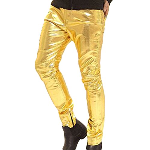 Herren Lederhosen Lang Hose Wetlook Clubwear Motorradhose Slim Fit Freizeithose Faux Leder Biker Hose Gold 2XL Kootk von Kootk