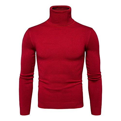 Kootk Herren Strickpullover Feinstrick Rollkragen Pulllover Langarm Rollkragenpullover Sweater Slim Fit Langarm Pulli Tops Sweatshirt Grobstrick Rot L von Kootk