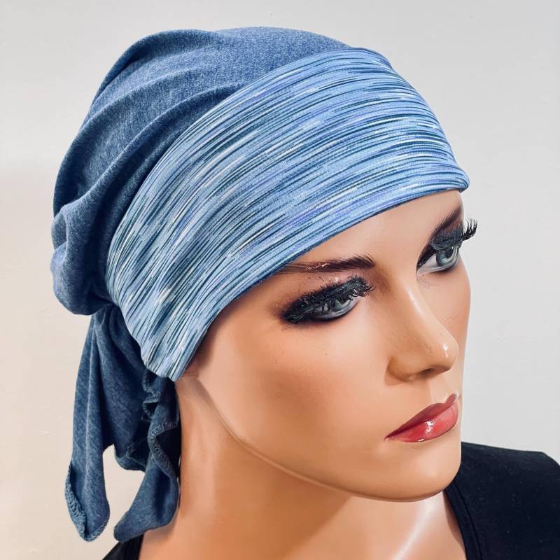 2-Tlg. Set Bandana Mütze Blau + Stirnband Ohne Binden Chemotherapie Chemokopfbedeckung Krebs Chemomütze Chemotuch Turban Sport Cabriomütze von KopfundKragen