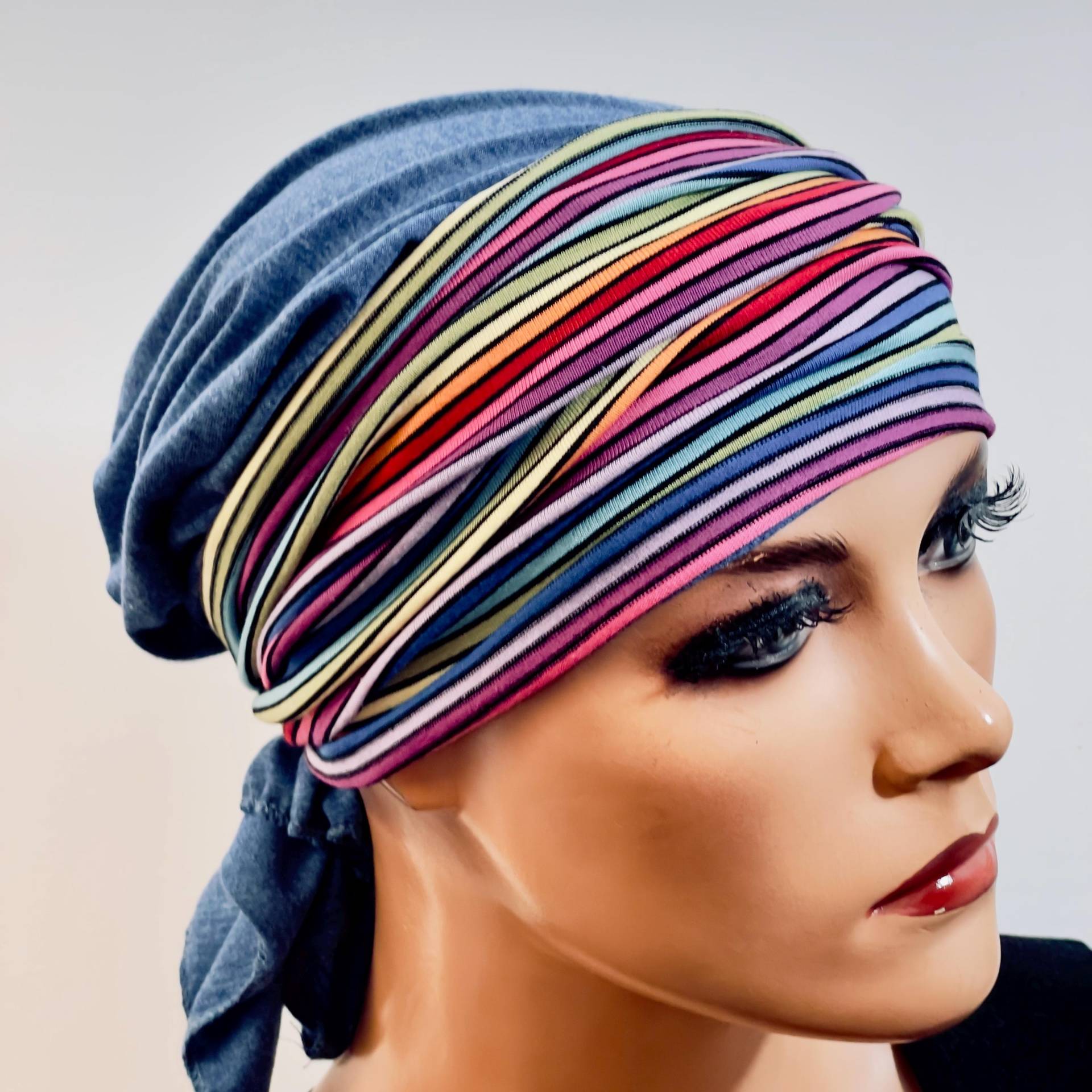 2-Tlg. Set Bandana Mütze Blau + Stirnband Ohne Binden Chemotherapie Chemokopfbedeckung Krebs Chemomütze Chemotuch Turban Sport Cabriomütze von KopfundKragen