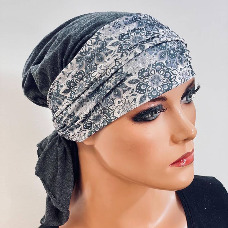 2-Tlg. Set Bandana Mütze Grau + Stirnband Ohne Binden Chemotherapie Chemokopfbedeckung Krebs Chemomütze Chemotuch Turban Cabriomütze von KopfundKragen