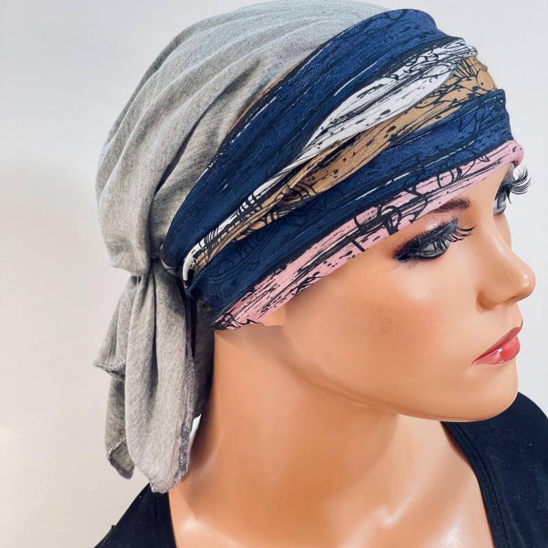 2-Tlg. Set Bandana Mütze Hellgrau + Stirnband Ohne Binden Chemotherapie Chemokopfbedeckung Krebs Chemomütze Chemotuch Turban Cabriomütze von KopfundKragen