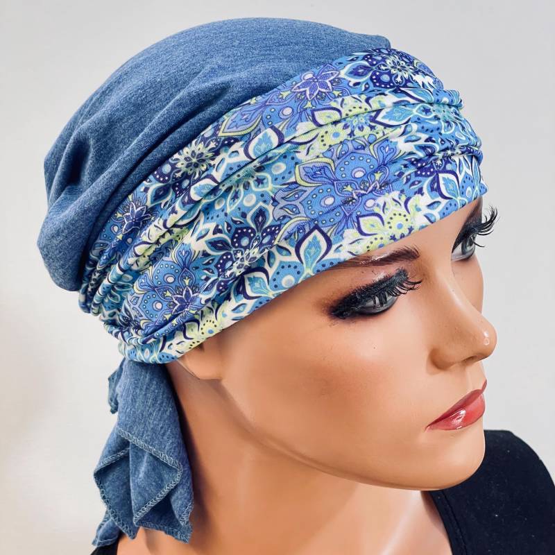 2-Tlg. Set Bandana Mütze Jeansblau + Stirnband Ohne Binden Chemotherapie Chemokopfbedeckung Krebs Chemomütze Chemotuch Turban Cabriomütze von KopfundKragen
