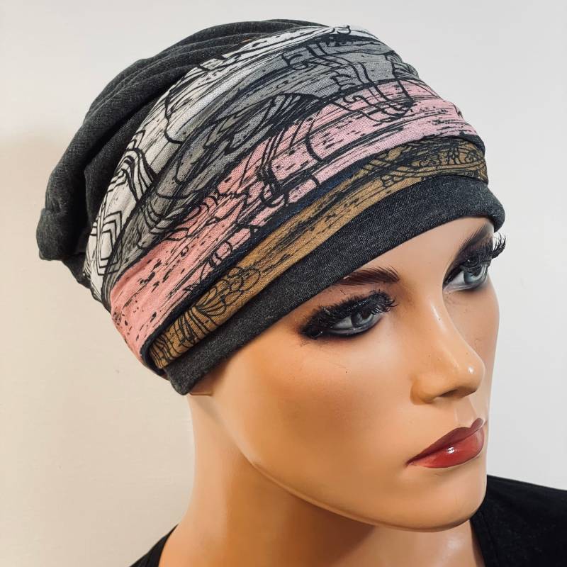 2-Tlg. Set Beanie+ Multifunktionstuch Grau Bunt Chemotherapie, Haarausfall, Alopezie, Turban, Chemomütze, Kopfbedeckung Krebs, Cancer von KopfundKragen