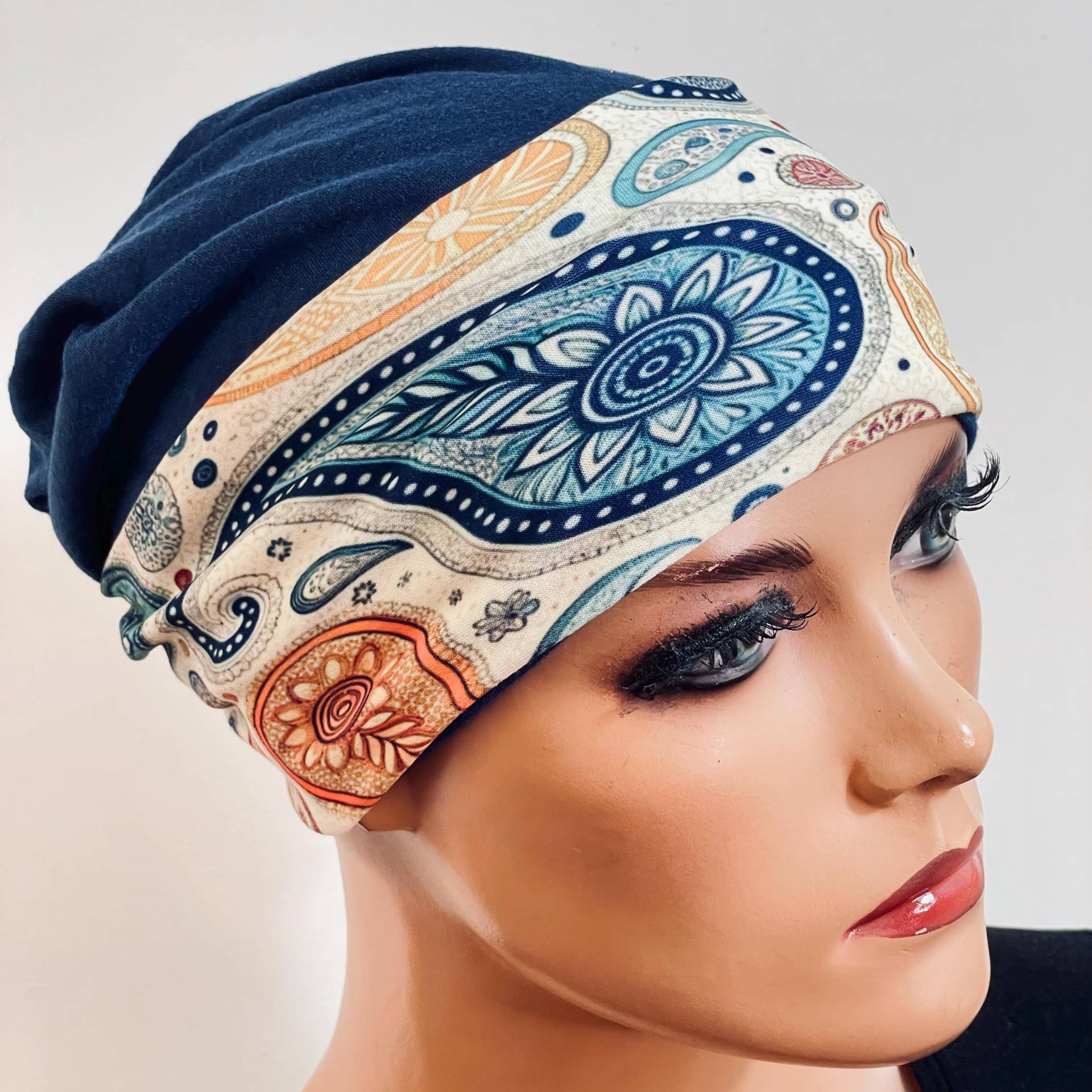 2-Tlg. Set Beanie Blau + Stirnband Chemotherapie, Haarausfall, Alopezie, Turban, Chemomütze, Kopfbedeckung Krebs, Cancer von KopfundKragen
