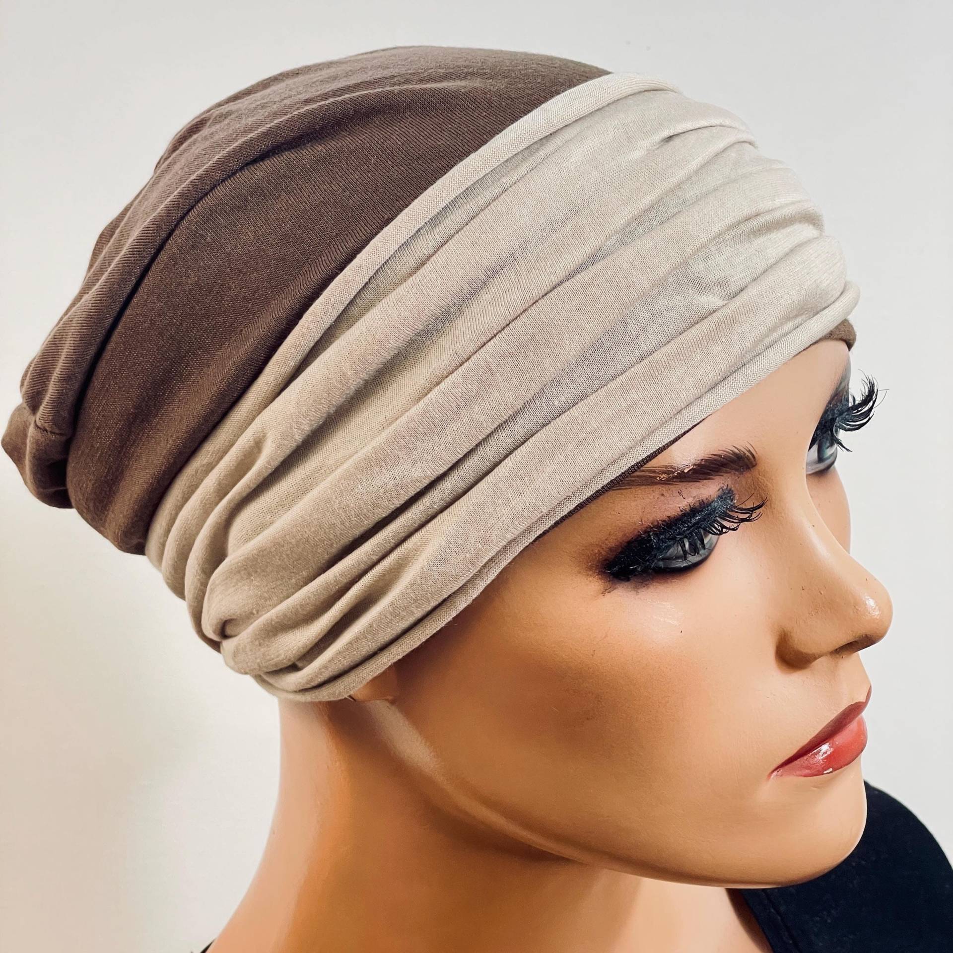 2-Tlg. Set Beanie Braun Beige+ Stirnband Chemotherapie, Haarausfall, Alopezie, Turban, Chemomütze, Kopfbedeckung Krebs, Cancer von KopfundKragen