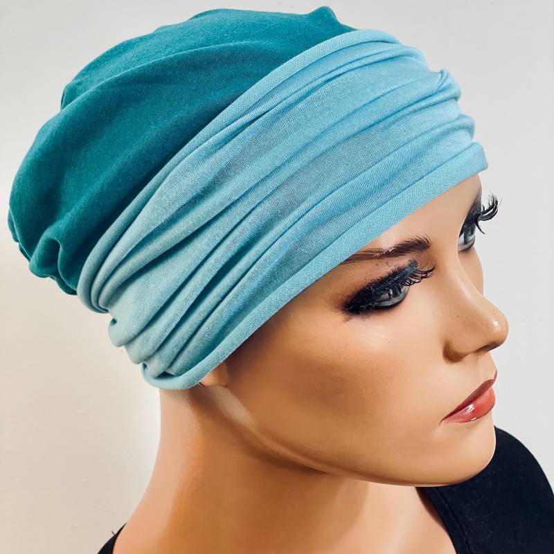2-Tlg. Set Beanie Petrol + Stirnband Chemotherapie, Haarausfall, Alopezie, Turban, Chemomütze, Kopfbedeckung Krebs, Cancer von KopfundKragen