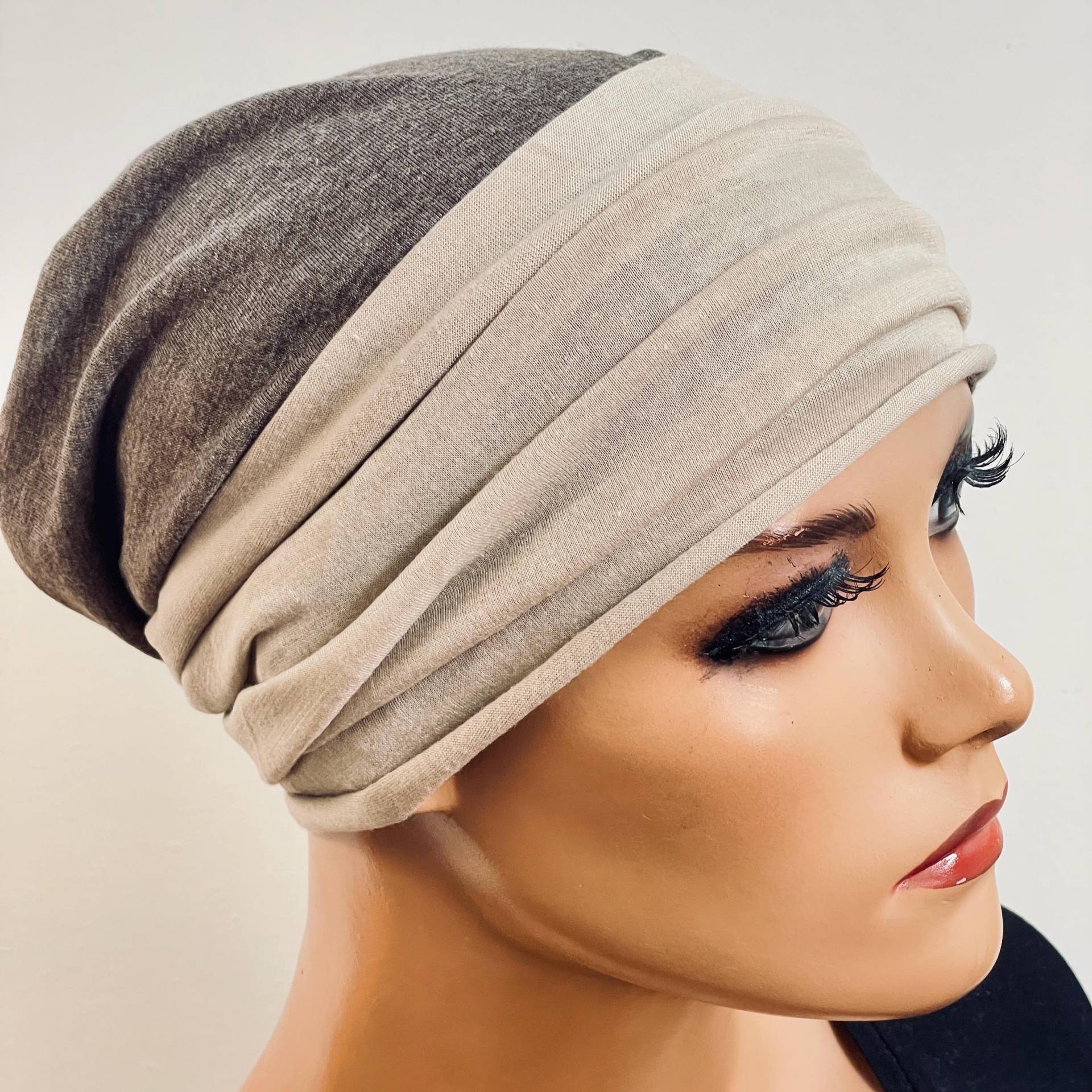 2-Tlg. Set Beanie Taupe Beige+ Stirnband Chemotherapie, Haarausfall, Alopezie, Turban, Chemomütze, Kopfbedeckung Krebs, Cancer von KopfundKragen