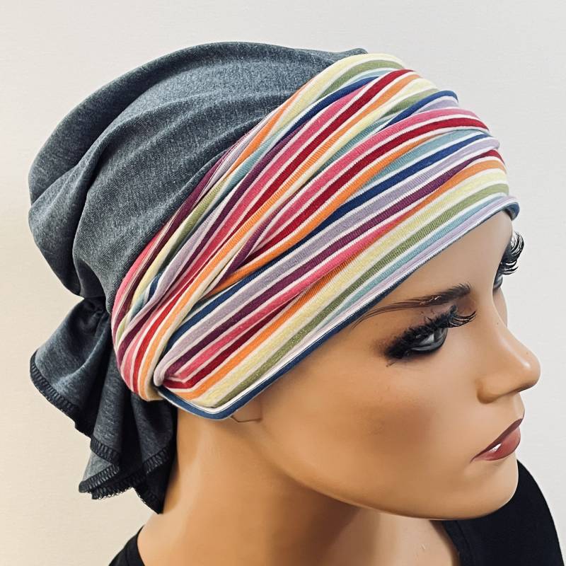 2-Tlg. Set Mütze + Band Jeansblau Bunt Ohne Binden Chemotherapie Chemokopfbedeckung Krebs Chemomütze Chemotuch Turban Sport von KopfundKragen