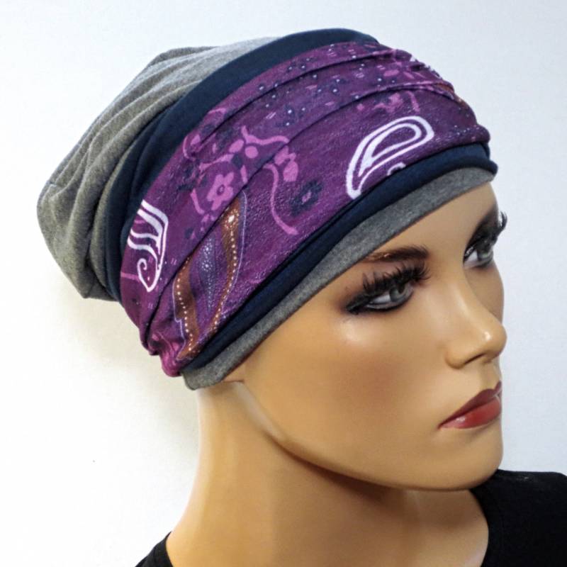 3 Tlg. Set -Beanie + 2 Stirnbänder Grau Blau Flieder Chemotherapie Krebs Chemo Chemokopftuch Mütze Cabriomütze von KopfundKragen