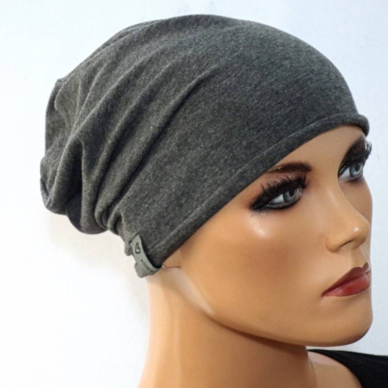Basic-Beanie/Mütze Anthrazit Baumwoll-Jersey Rollsaum Bequem Chemotherapie Krebs Chemokopftuch Mütze Cabriomütze Chemomütze von KopfundKragen