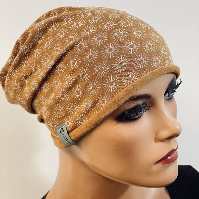 Basic-Beanie/Mütze Braun Baumwoll-Jersey Rollsaum Bequem Chemotherapie Krebs Chemokopftuch Mütze Cabriomütze Chemomütze von KopfundKragen