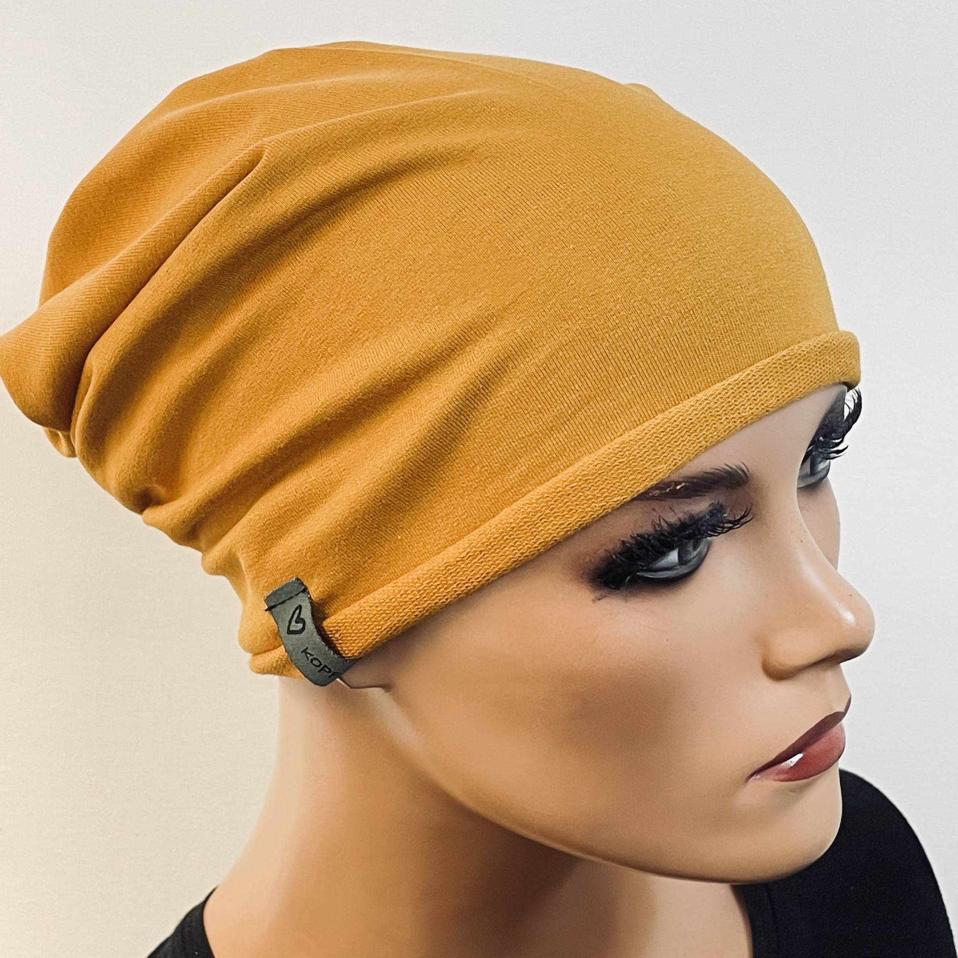 Basic-Beanie/Mütze Curry Baumwoll-Jersey Rollsaum Bequem Chemotherapie Krebs Chemokopftuch Mütze Cabriomütze Chemomütze von KopfundKragen