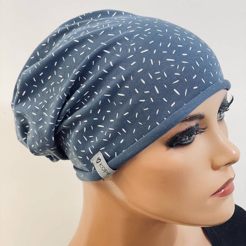 Basic-Beanie/Mütze Jeansblau Jersey Sehr Leicht Rollsaum Bequem Chemotherapie Krebs Chemo Chemokopftuch Cabriomütze Sommerbeanie von KopfundKragen