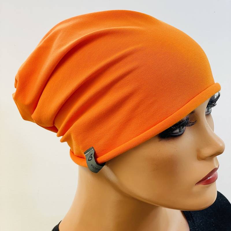Basic-Beanie/Mütze Orange Jersey Sehr Leicht Rollsaum Bequem Chemotherapie Krebs Chemo Chemokopftuch Mütze Cabriomütze Sommerbeanie von KopfundKragen