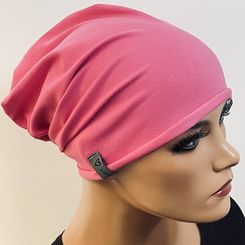 Basic-Beanie/Mütze Pink Jersey Mit Rollsaum Bequem Chemotherapie Krebs Chemokopftuch Mütze Cabriomütze Sommerbeanie von KopfundKragen