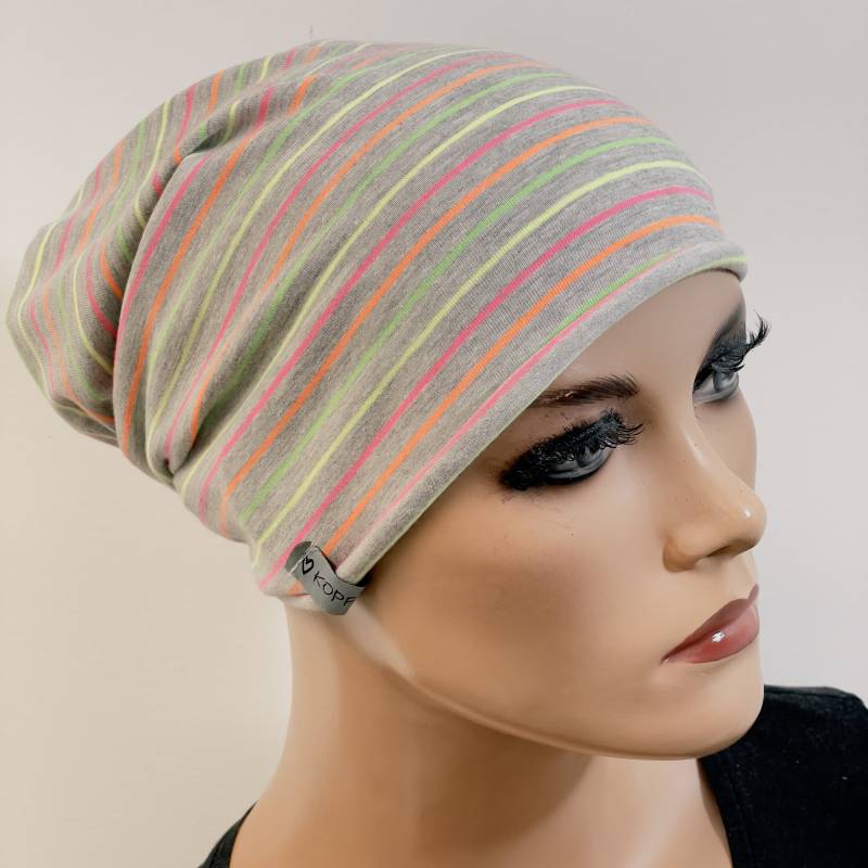 Basic-Beanie/Mütze Wählbar Ein - Oder Doppellagig Bunt Gestreift Jersey Rollsaum Bequem Chemotherapie Mütze Cabriomütze Chemomütze Basic-Beanie/Mütze Wählbar Ein - Oder Doppellagig Bunt Gestreift Jersey Rollsaum Bequem Chemotherapie Mütze Cabriomütze Chemomütze von KopfundKragen