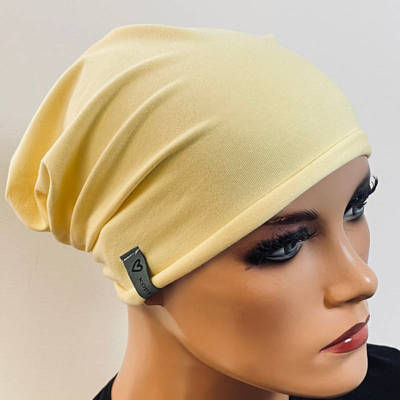 Beanie/Mütze Gelb Light Jersey Bequem Chemotherapie Chemo Chemokopftuch Mütze Cabriomütze Sommerbeanie Chemomütze Kopfbedeckung Krebs von KopfundKragen