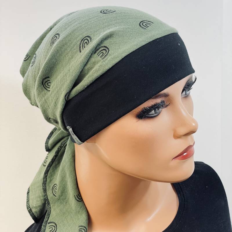 Kopftuch-Mütze Schwarz Khaki Musselinstoff Bequem Und Praktisch Chemomütze Chemotuch, Chemokopfbedeckung, Mütze Beanie Kopfdeckung B. Krebs von KopfundKragen