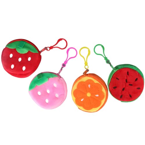 4 Stück Obstmuster Plüsch-Münzgeldbörse, kleine Münztaschen mit Reißverschluss, schöne Cartoon-Erdbeer-Wassermelonen-Münztasche, Plüsch-Geldbörse mit Schlüsselanhänger, Fruchtmuster von Kopida