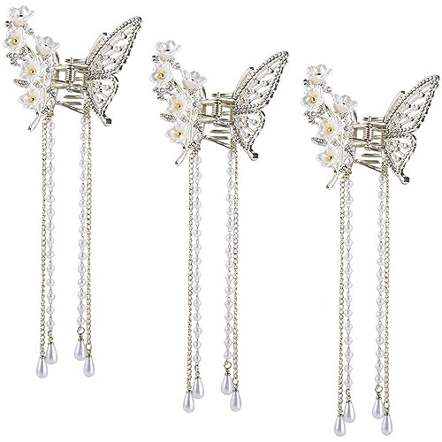 Haarklammer 3PCS Elegante Schmetterling Blume Haar Klaue Clips Frauen Perle Quaste Hai Clips Haarnadeln Süße Pferdeschwanz Halter Quaste Haar Krabbe Clip Kopfschmuck von Kopida