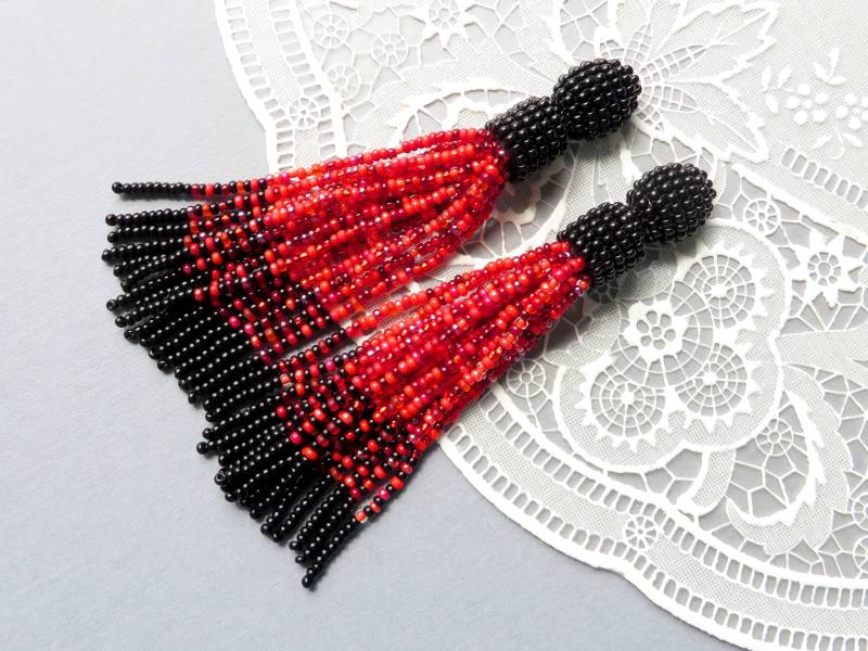 Fransen Ohrringe Schwarz Rot Kurzen Clip Auf Samen Perle Oscar De La Renta Lange Quaste Große Stud Fringe von KorallaUA