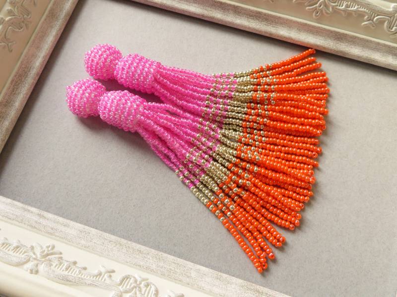 Fransen Rosa Gold Orange Clip Ohrringe Samen Perlenohrringe Oscar De La Renta Lang Quaste Große Stud Fringe von KorallaUA