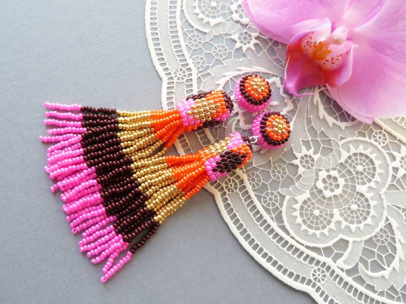 Lange Fransen Ohrringe Samen Perle Oscar De La Renta Pink Orange-Gold-Braun-Fringe Baumeln Clip Auf Quaste von KorallaUA