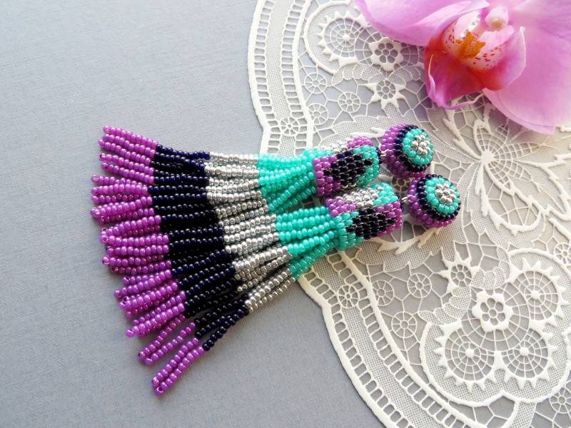 Perlen Quaste Ohrringe Lange Samen Perlenohrringe Baumschmink Clip Auf Oscar De La Renta Lila Marine Silber Türkis Fransen von KorallaUA