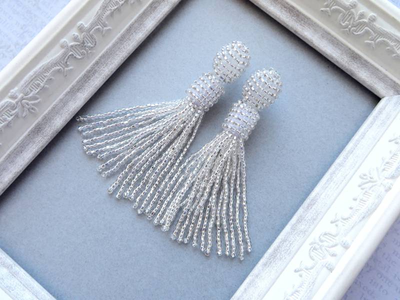 Quastenohrringe Silber Perlen Oscar De La Renta-stil Baumeln Fringe Ohrringe Clip Auf Aussage Lange Quaste von KorallaUA