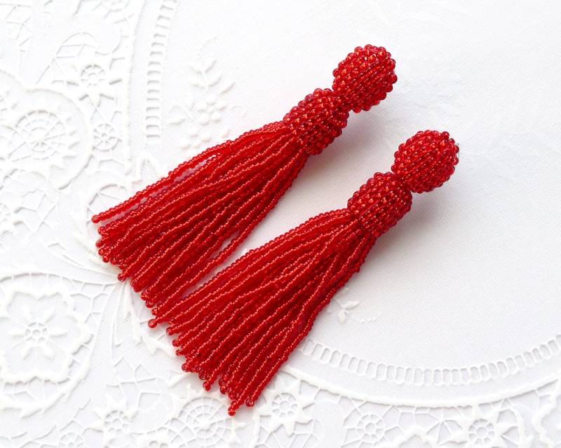 Rot Glänzend Ohrringe Rocailles Perlen Quaste Oscar De La Renta Stil Lange Fringe Statement von KorallaUA