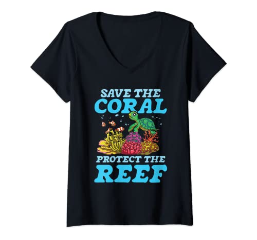 Damen Save The Coral Protect The Reef T-Shirt mit V-Ausschnitt von Korallenriff Naturschutz Tauchen Unterwasserwelt