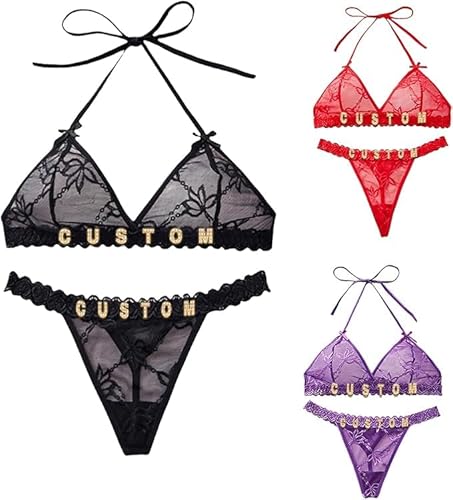Koralpop 2 Stück Personalisierte Tangas mit Namen BH-Set, Tanga String Mit Namen Spitze Höschen Damen Freundin Hochzeit von Koralpop