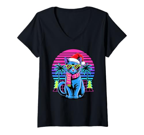 Damen Christmas Synthwave Korat Cat Sunglasses T-Shirt mit V-Ausschnitt Damen Christmas Synthwave Korat Cat Sunglasses T-Shirt mit V-Ausschnitt von Korat Cat Lover Gifts