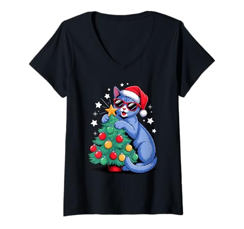 Damen Christmas Tree Korat Cat Sunglasses T-Shirt mit V-Ausschnitt Damen Christmas Tree Korat Cat Sunglasses T-Shirt mit V-Ausschnitt von Korat Cat Lover Gifts