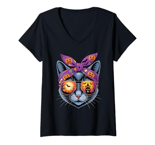 Damen Halloween Bandana Korat Cat T-Shirt mit V-Ausschnitt Damen Halloween Bandana Korat Cat T-Shirt mit V-Ausschnitt von Korat Cat Lover Gifts