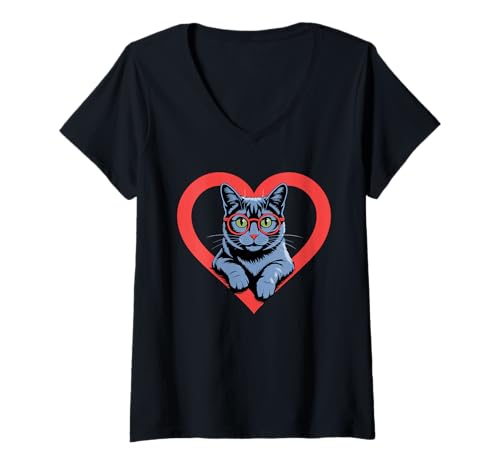 Damen Herz Korat Cat Brille T-Shirt mit V-Ausschnitt Damen Herz Korat Cat Brille T-Shirt mit V-Ausschnitt von Korat Cat Lover Gifts