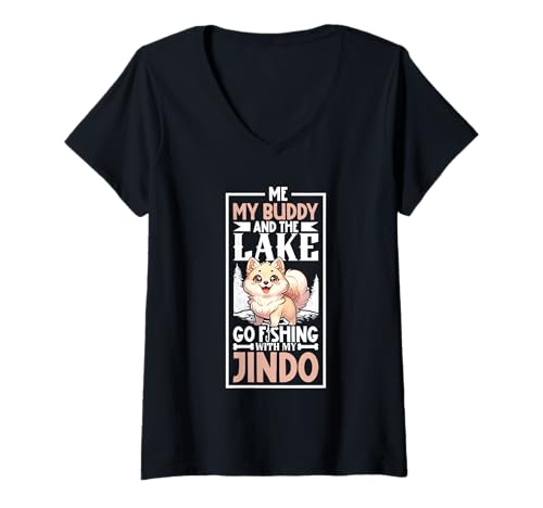 Damen Angeln und Korea Jindo Dog T-Shirt mit V-Ausschnitt von Korea Jindo Dog Designs