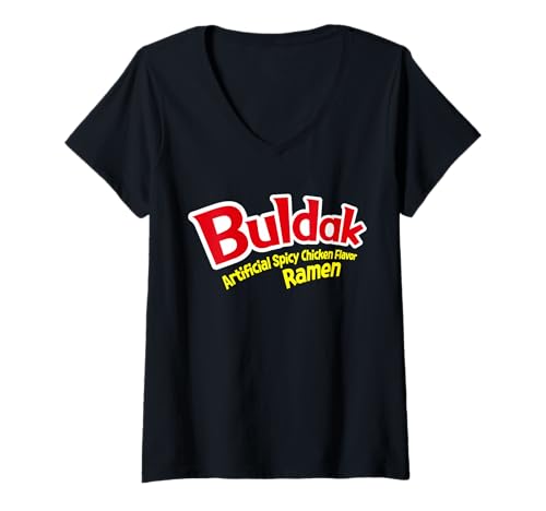 Damen Buldak Spicy Ramen Kostüm Hot Sauce Samyang Mukbang T-Shirt mit V-Ausschnitt Damen Buldak Spicy Ramen Kostüm Hot Sauce Samyang Mukbang T-Shirt mit V-Ausschnitt von Korean Fire Ramen Matching Costume